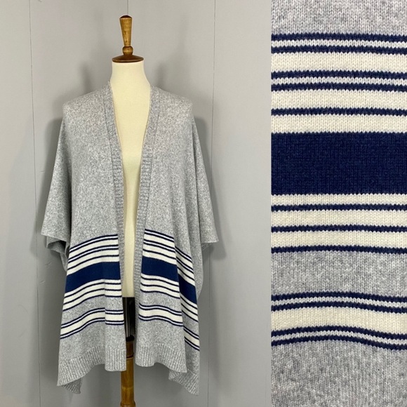 GAP Sweaters - GAP Gray Wool Camel Blend Open Striped Sweater Poncho Heater Gray, White Navy
